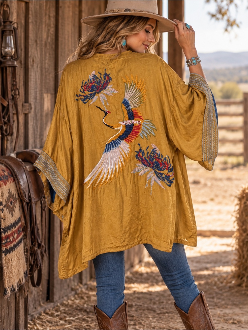 World Market Embroidered Crane Kimono Mustard Blue Boho Duster